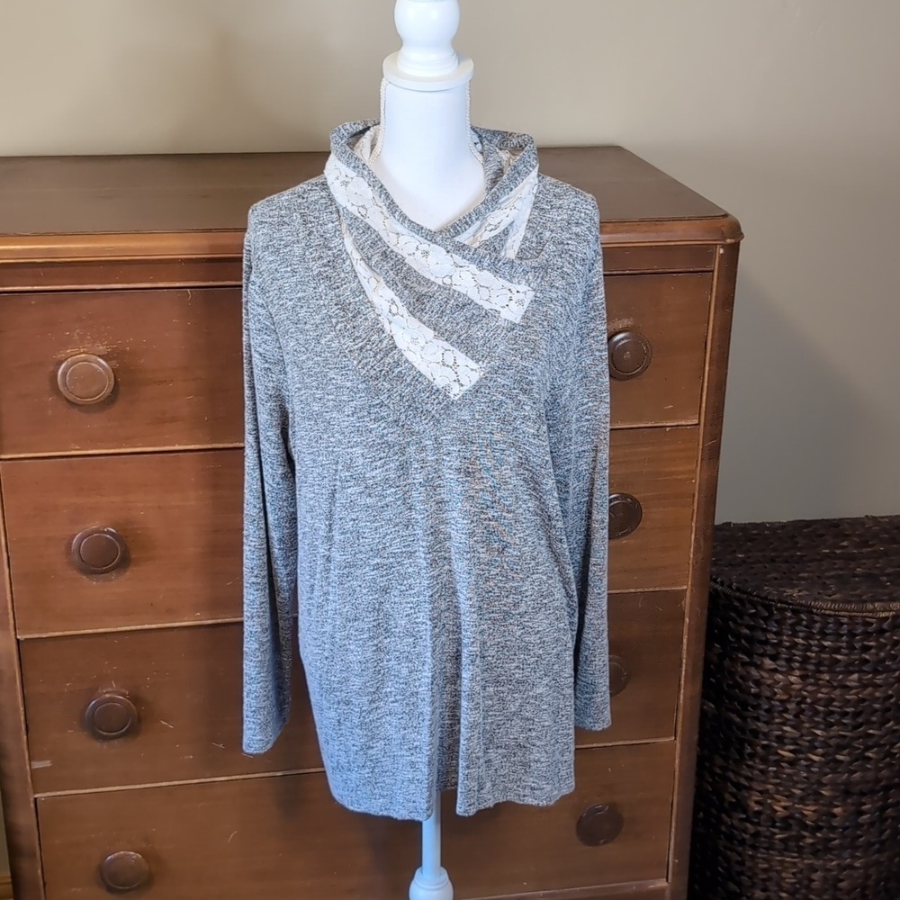 One World Live and Let Live Lace Cowl Tunic Sweater SZ L